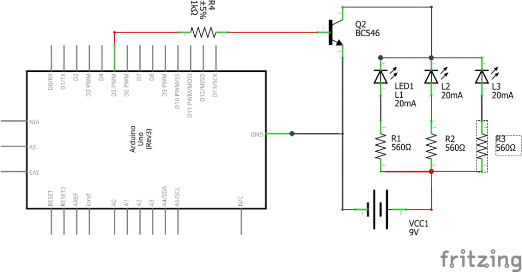 Transistor come interruttore e schema alimentazione breadboad batteria 9V